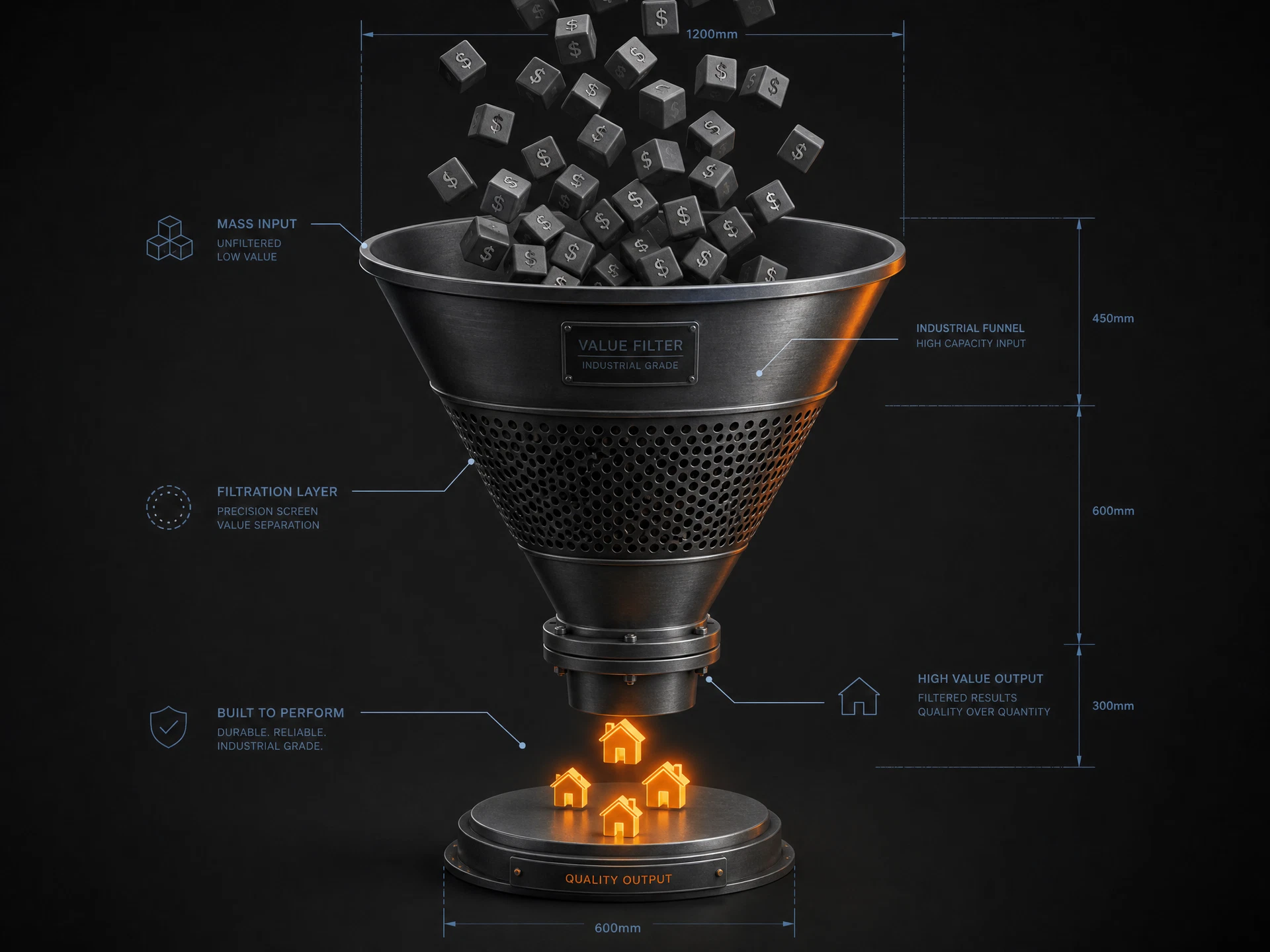Illustration 3D du filtre de leads : demandes de faible valeur exclues, projets haut de gamme admis